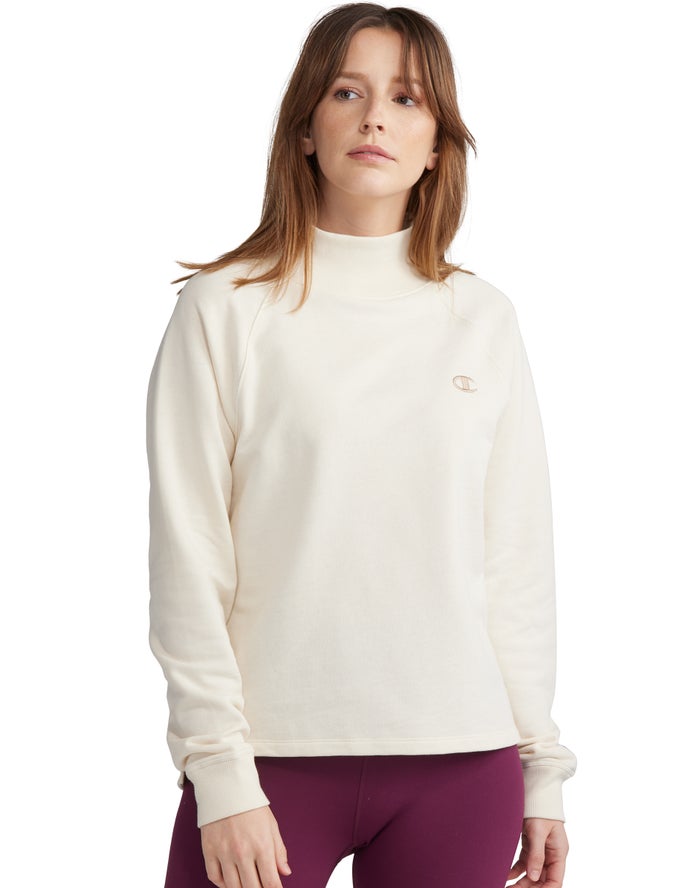 Champion Womens Sweatshirt NZ - Powerblend Fleece Mock Neck Embroidered Logo Cream ( 0528-ZDNBG )